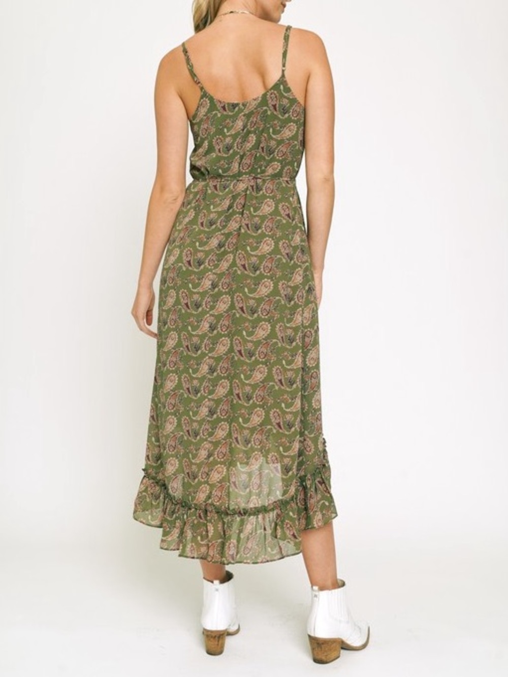🍂SPECIAL🍂PAISLEY PRINT RUFFLE HEM SLIP DRESS|OLIVE - Picture 5 of 6